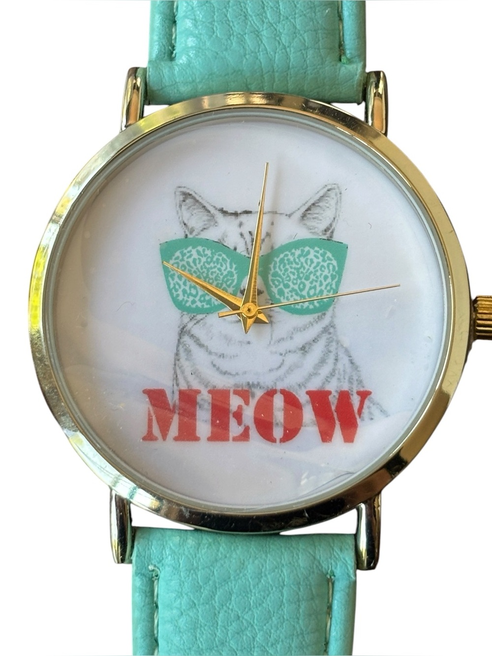 Geneva “MEOW” Cat Sunglasses Watch Turquoise Leather Strap Quartz Watch